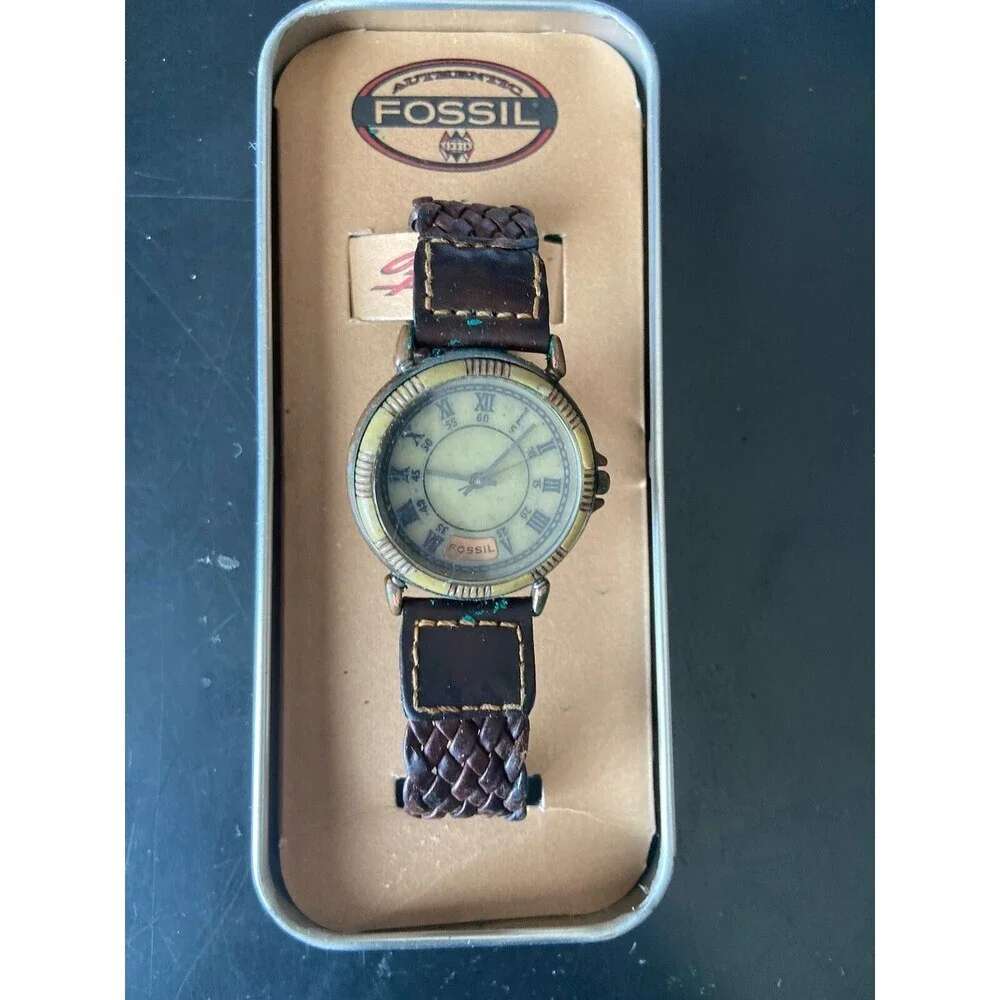 Fossil Watch Women Stone Dial BW-6746 Braided Brown Leather Band, Need Battery